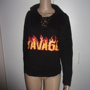 On Fire Tops - womens black hooded long sleeve savage t shirt top On Fire Tops - womens black hooded long sleeve savage t shirt top